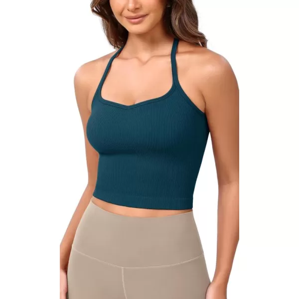 ODODOS Seamless Sweetheart Neck Crop Tank for Women Ribbed Strappy Racerback Cropped Cami TopsTeal