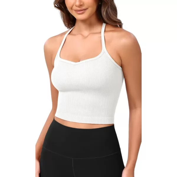 ODODOS Seamless Sweetheart Neck Crop Tank for Women Ribbed Strappy Racerback Cropped Cami TopsWhite