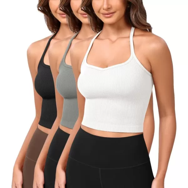 ODODOS Seamless Sweetheart Neck Crop Tank for Women Ribbed Strappy Racerback Cropped Cami TopsWhiteblackgray