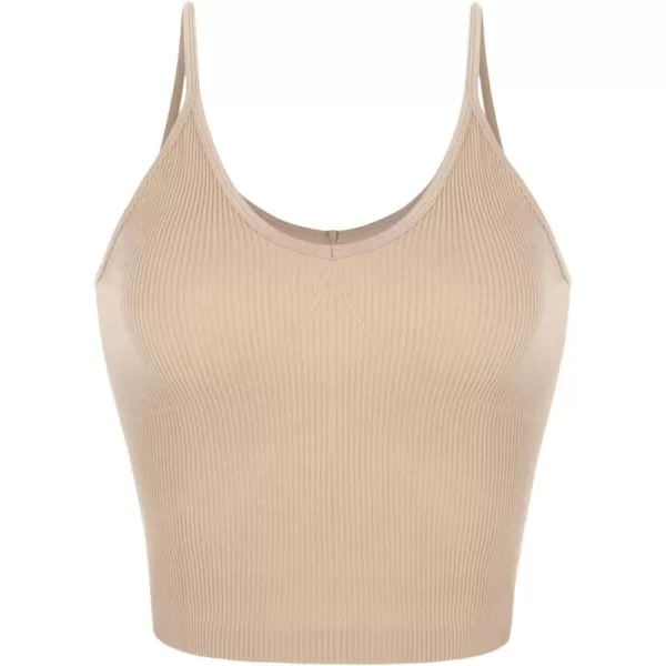 ODODOS V Neck Seamless Crop Tank for Women Ribbed Knit Soft Cropped Camisole TopsBeige