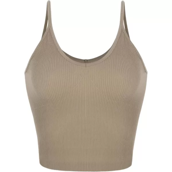 ODODOS V Neck Seamless Crop Tank for Women Ribbed Knit Soft Cropped Camisole TopsTaupe