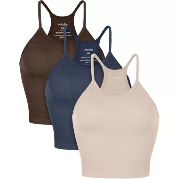 ODODOS Womens Crop 3Pack Herringbone Knit Seamless Soft Camisole Crop Tank TopsBrunettenavybeige