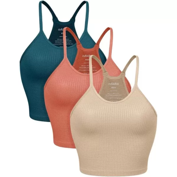 ODODOS Womens Crop 3Pack Waffle Knit Seamless Camisole Cropped Tank TopsBeigecoralteal