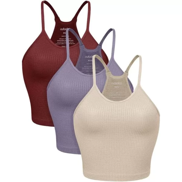 ODODOS Womens Crop 3Pack Waffle Knit Seamless Camisole Cropped Tank TopsMushroomclaretviolet