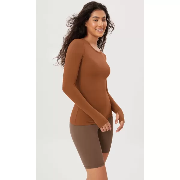 ODODOS Cloud Feeling Long Sleeve Shirts with Thumb Hole for Women Crew Neck Yoga Tee Workout TopsCaramel
