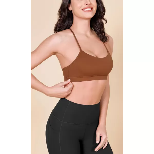 ODODOS Cloud Feeling Y Racerback Sports Bra for Women Wirefree Padded Strappy Yoga BraCaramel