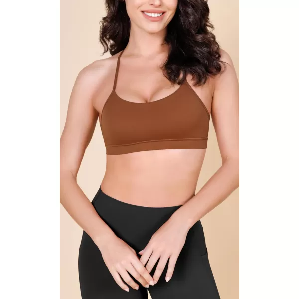 ODODOS Cloud Feeling Y Racerback Sports Bra for Women Wirefree Padded Strappy Yoga BraCaramel