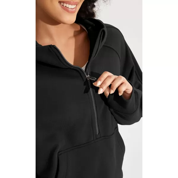 ODODOS HalfZip Hoodies for Women Fleece Lined Cropped Sweatshirts Pullover Long Sleeve Sweater Thumb HoleBlack