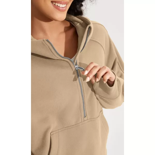 ODODOS HalfZip Hoodies for Women Fleece Lined Cropped Sweatshirts Pullover Long Sleeve Sweater Thumb HoleKhaki