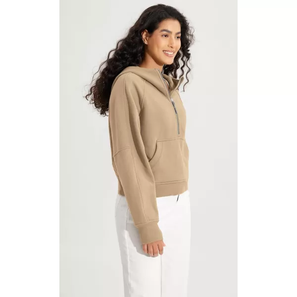 ODODOS HalfZip Hoodies for Women Fleece Lined Cropped Sweatshirts Pullover Long Sleeve Sweater Thumb HoleKhaki