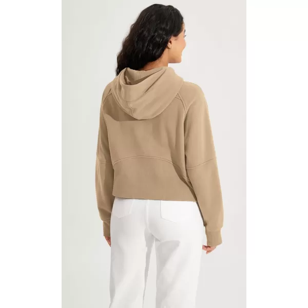 ODODOS HalfZip Hoodies for Women Fleece Lined Cropped Sweatshirts Pullover Long Sleeve Sweater Thumb HoleKhaki