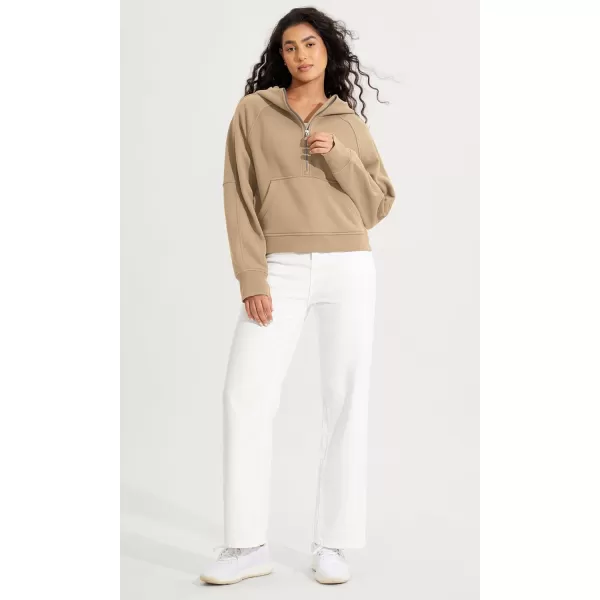 ODODOS HalfZip Hoodies for Women Fleece Lined Cropped Sweatshirts Pullover Long Sleeve Sweater Thumb HoleKhaki