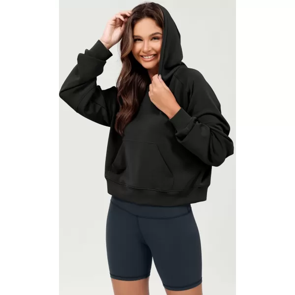 ODODOS Modal Soft Long Sleeve Cropped Hoodie for Women Oversized Pullover Sweatshirts with PocketBlack