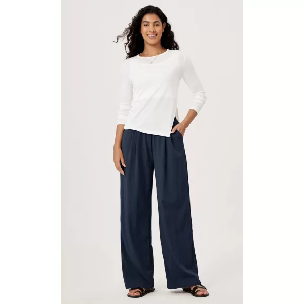 ODODOS Womens Wide Leg Pants with Pockets Crinkle Comfy High Waist PullOn Lounge Casual PantsDark Blue