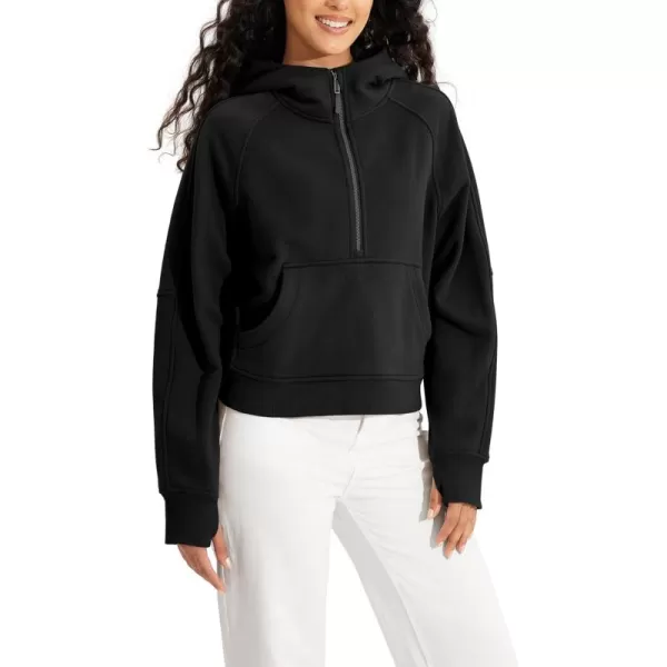 ODODOS HalfZip Hoodies for Women Fleece Lined Cropped Sweatshirts Pullover Long Sleeve Sweater Thumb HoleBlack