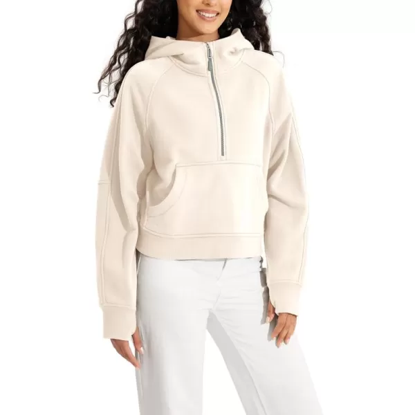 ODODOS HalfZip Hoodies for Women Fleece Lined Cropped Sweatshirts Pullover Long Sleeve Sweater Thumb HoleCream