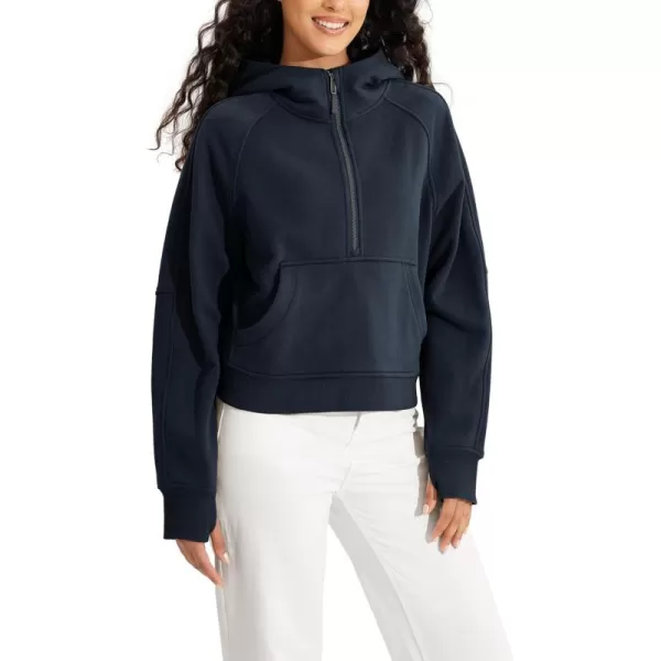 ODODOS HalfZip Hoodies for Women Fleece Lined Cropped Sweatshirts Pullover Long Sleeve Sweater Thumb HoleDeep Navy