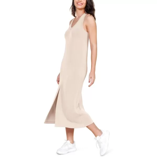 ODODOS Modal Soft Front Split Midi Dress for Women V Neck Sleeveless Casual Summer Tank DressBeige