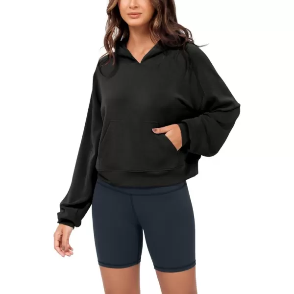 ODODOS Modal Soft Long Sleeve Cropped Hoodie for Women Oversized Pullover Sweatshirts with PocketBlack