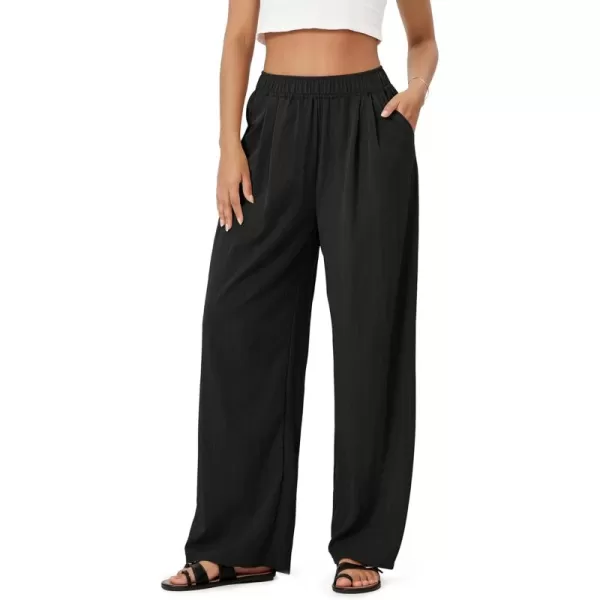 ODODOS Womens Wide Leg Pants with Pockets Crinkle Comfy High Waist PullOn Lounge Casual PantsBlack