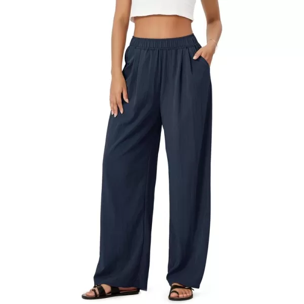 ODODOS Womens Wide Leg Pants with Pockets Crinkle Comfy High Waist PullOn Lounge Casual PantsDark Blue