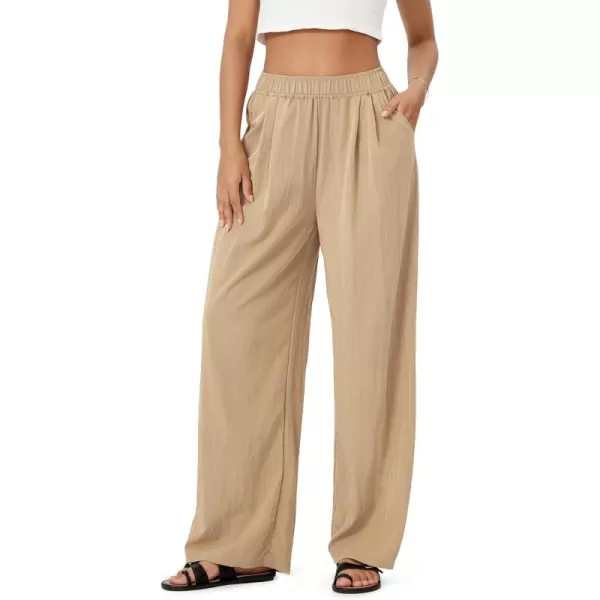 ODODOS Womens Wide Leg Pants with Pockets Crinkle Comfy High Waist PullOn Lounge Casual PantsKhaki