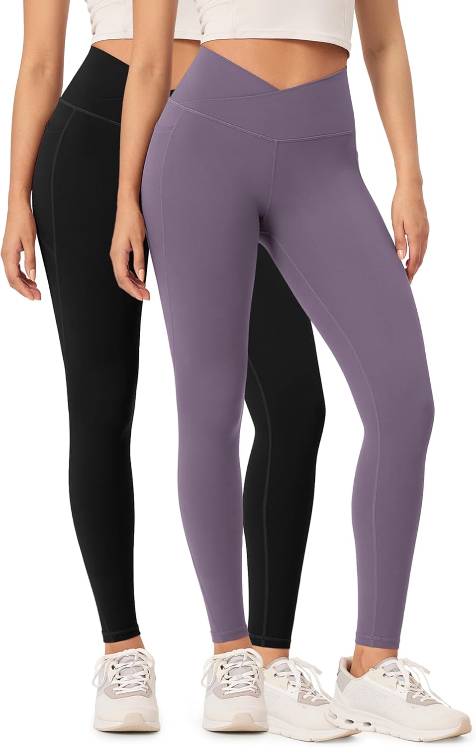 ODODOS 2 Pack Buttery Soft Cross Waist Leggings with Pockets for Women ODCLOUD 25quot  28quot Crossover Lounge Yoga PantsBlackash Violet