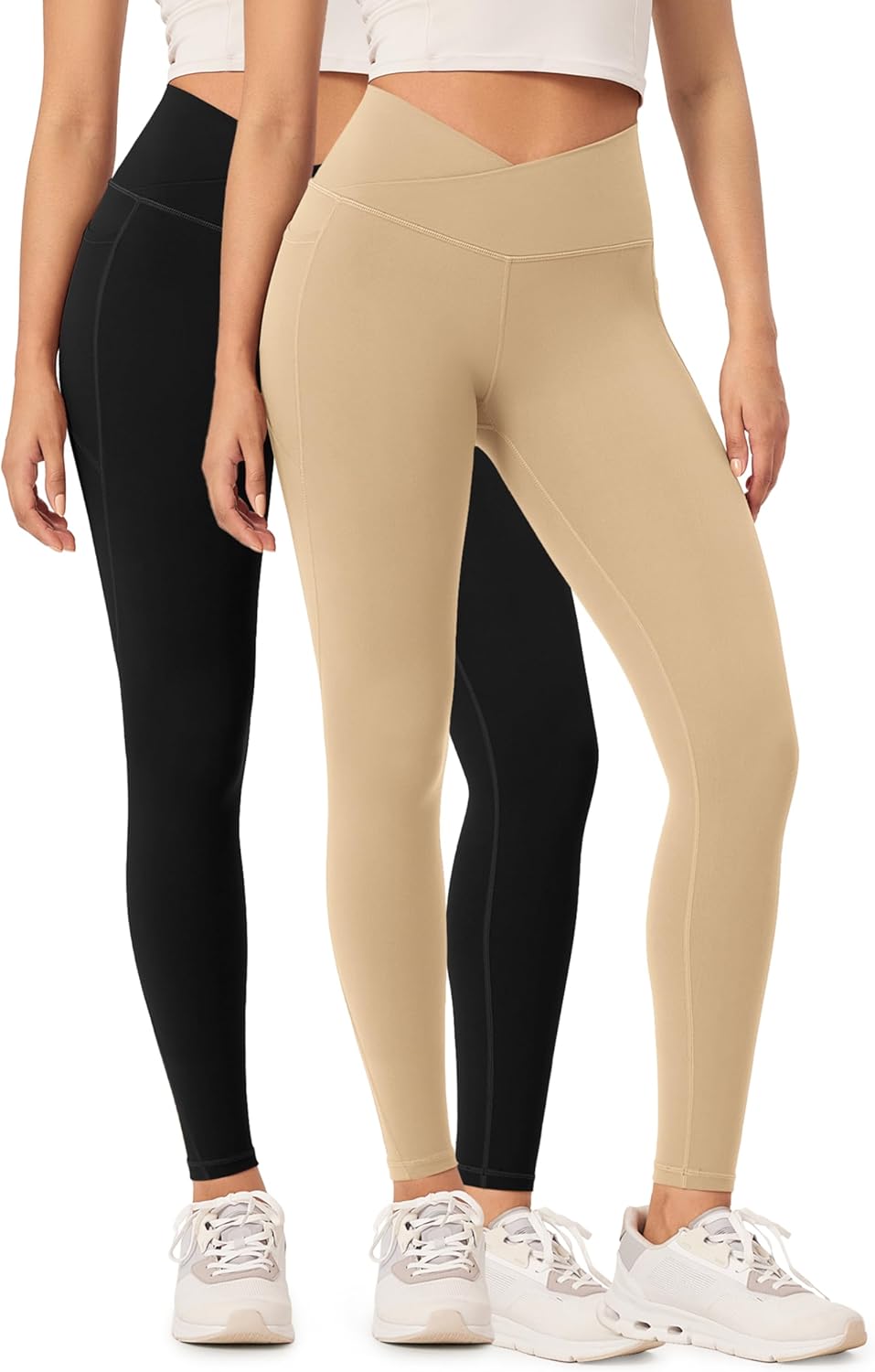 ODODOS 2 Pack Buttery Soft Cross Waist Leggings with Pockets for Women ODCLOUD 25quot  28quot Crossover Lounge Yoga PantsBlackbeige