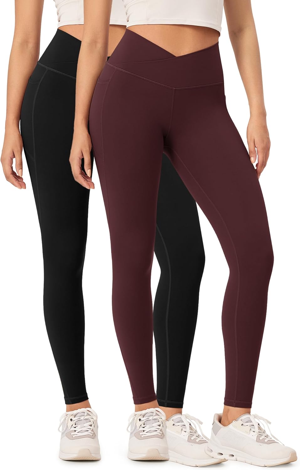 ODODOS 2 Pack Buttery Soft Cross Waist Leggings with Pockets for Women ODCLOUD 25quot  28quot Crossover Lounge Yoga PantsBlackburgundy