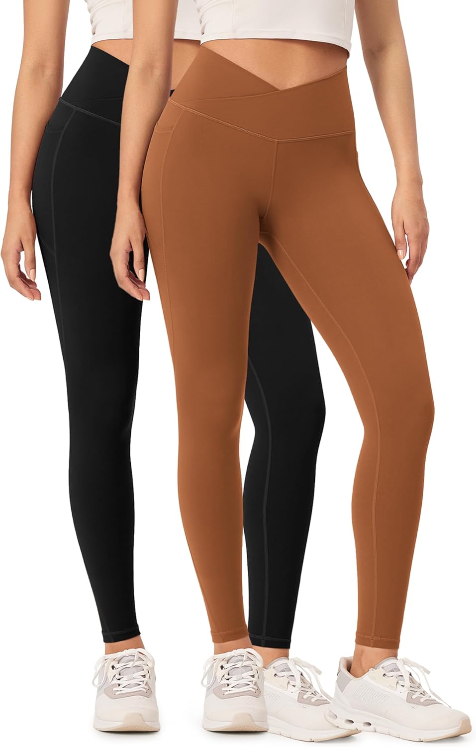 ODODOS 2 Pack Buttery Soft Cross Waist Leggings with Pockets for Women ODCLOUD 25quot  28quot Crossover Lounge Yoga PantsBlackcaramel