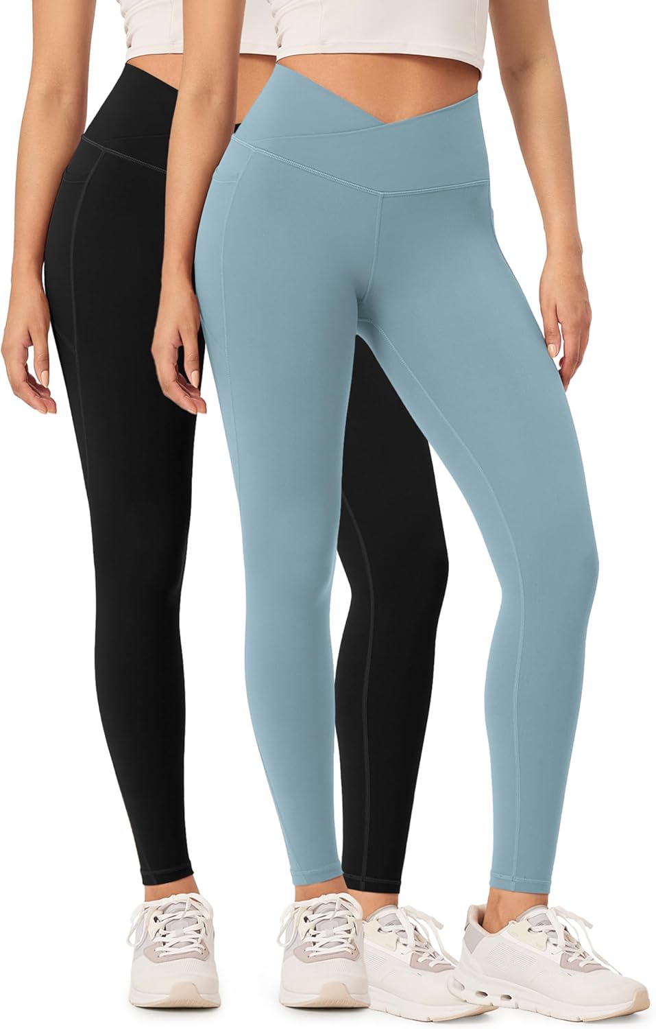 ODODOS 2 Pack Buttery Soft Cross Waist Leggings with Pockets for Women ODCLOUD 25quot  28quot Crossover Lounge Yoga PantsBlackchambray