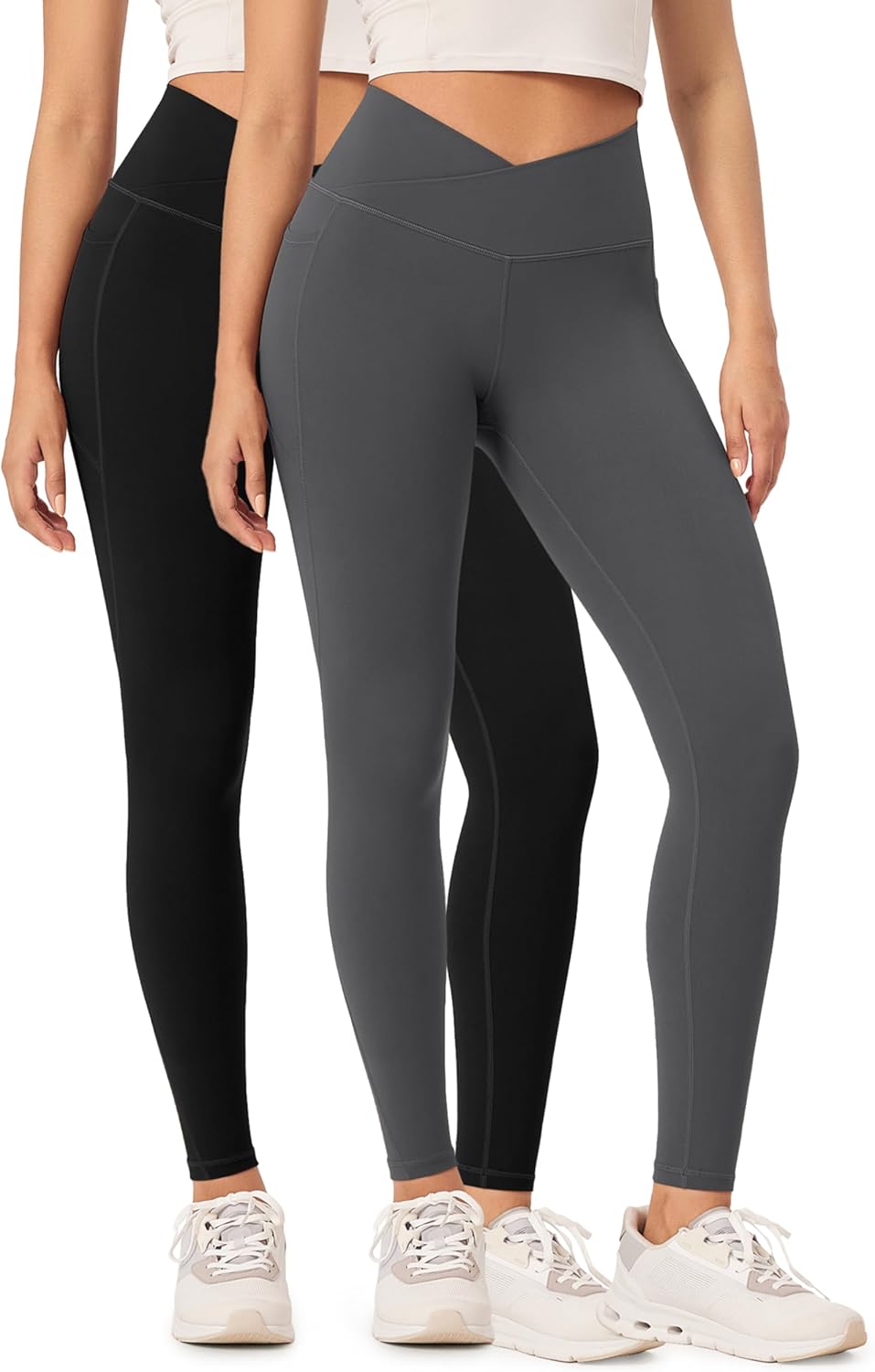 ODODOS 2 Pack Buttery Soft Cross Waist Leggings with Pockets for Women ODCLOUD 25quot  28quot Crossover Lounge Yoga PantsBlackcharcoal