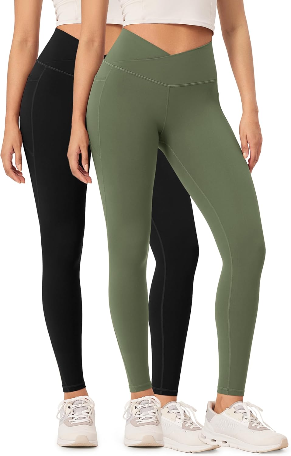 ODODOS 2 Pack Buttery Soft Cross Waist Leggings with Pockets for Women ODCLOUD 25quot  28quot Crossover Lounge Yoga PantsBlackdark Olive