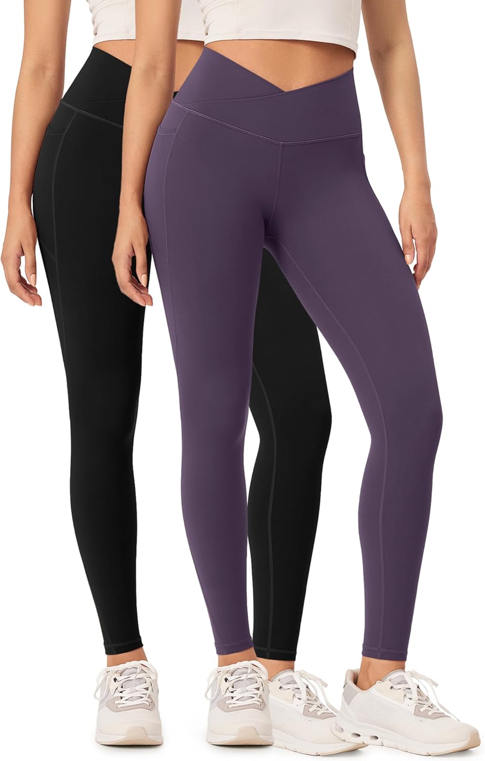 ODODOS 2 Pack Buttery Soft Cross Waist Leggings with Pockets for Women ODCLOUD 25quot  28quot Crossover Lounge Yoga PantsBlackdark Purple