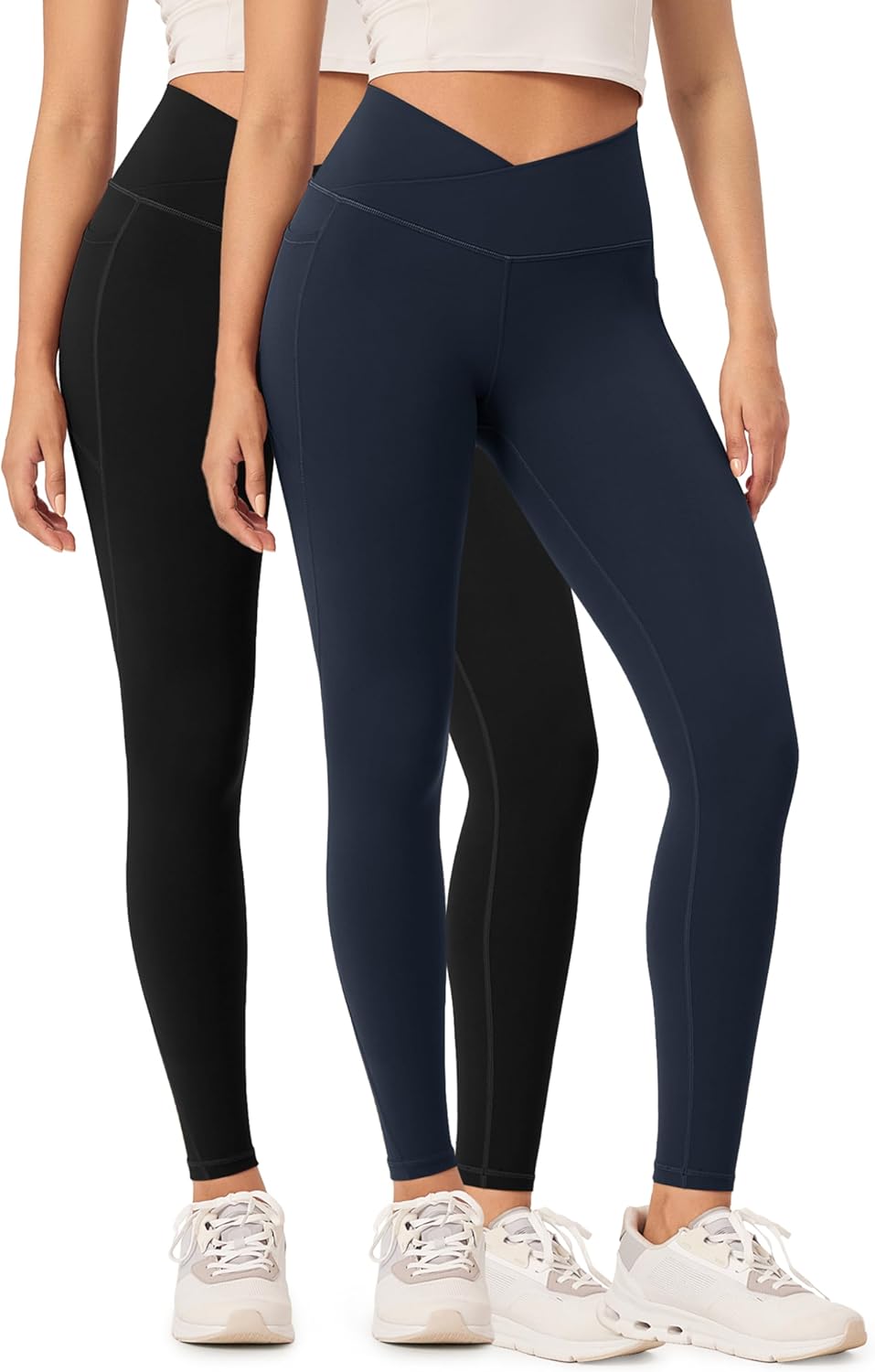 ODODOS 2 Pack Buttery Soft Cross Waist Leggings with Pockets for Women ODCLOUD 25quot  28quot Crossover Lounge Yoga PantsBlackdeep Navy