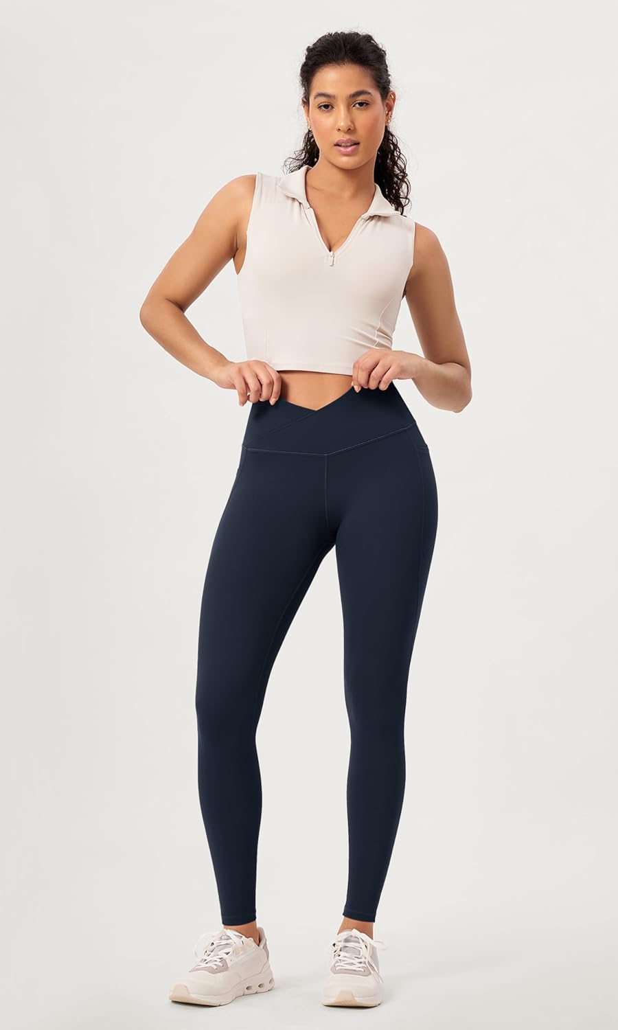 ODODOS 2 Pack Buttery Soft Cross Waist Leggings with Pockets for Women ODCLOUD 25quot  28quot Crossover Lounge Yoga PantsBlackdeep Navy