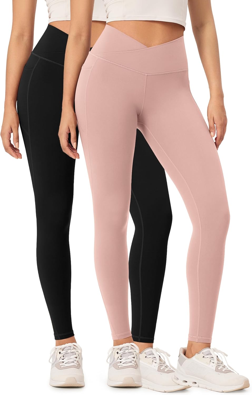 ODODOS 2 Pack Buttery Soft Cross Waist Leggings with Pockets for Women ODCLOUD 25quot  28quot Crossover Lounge Yoga PantsBlackdusty Pink