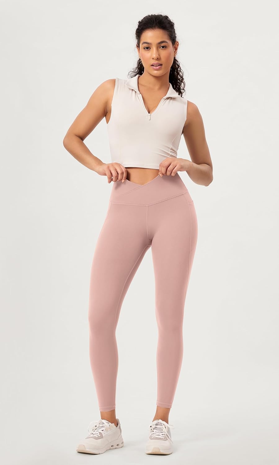 ODODOS 2 Pack Buttery Soft Cross Waist Leggings with Pockets for Women ODCLOUD 25quot  28quot Crossover Lounge Yoga PantsBlackdusty Pink