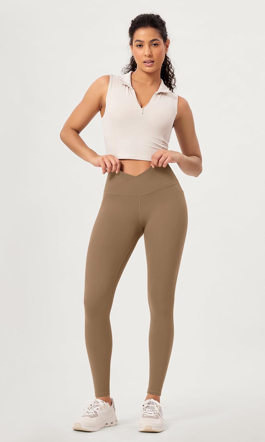 ODODOS 2 Pack Buttery Soft Cross Waist Leggings with Pockets for Women ODCLOUD 25quot  28quot Crossover Lounge Yoga PantsBlacklight Brown