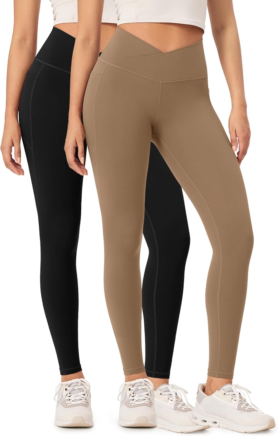ODODOS 2 Pack Buttery Soft Cross Waist Leggings with Pockets for Women ODCLOUD 25quot  28quot Crossover Lounge Yoga PantsBlacklight Brown