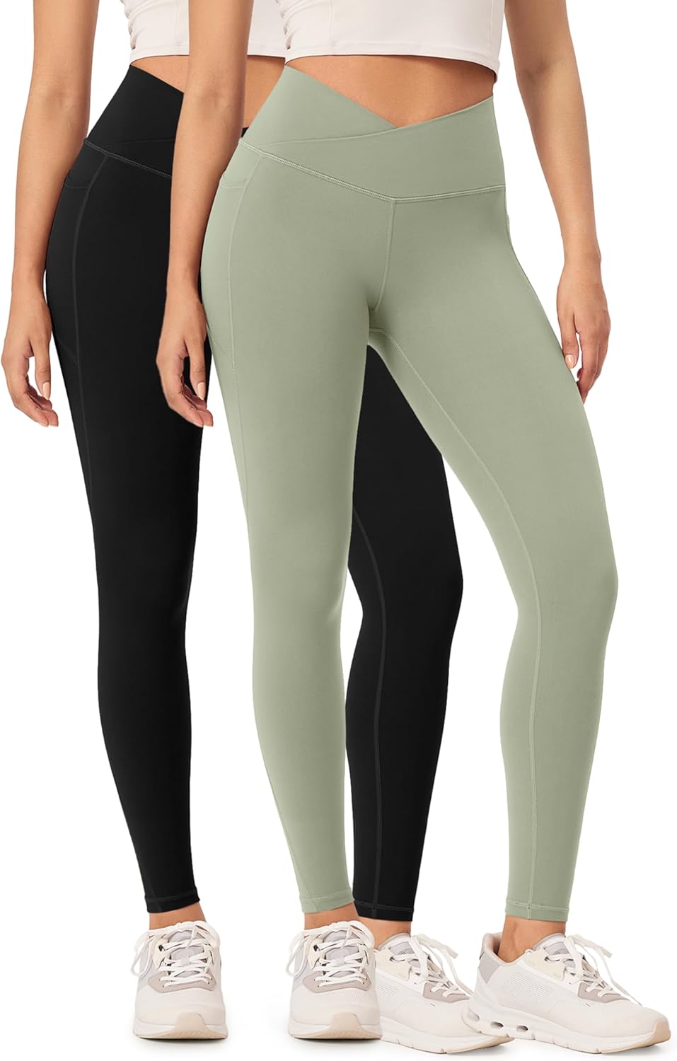 ODODOS 2 Pack Buttery Soft Cross Waist Leggings with Pockets for Women ODCLOUD 25quot  28quot Crossover Lounge Yoga PantsBlacklime Stone