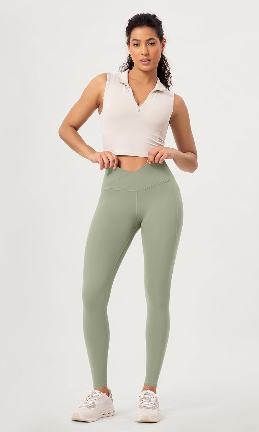ODODOS 2 Pack Buttery Soft Cross Waist Leggings with Pockets for Women ODCLOUD 25quot  28quot Crossover Lounge Yoga PantsBlacklime Stone