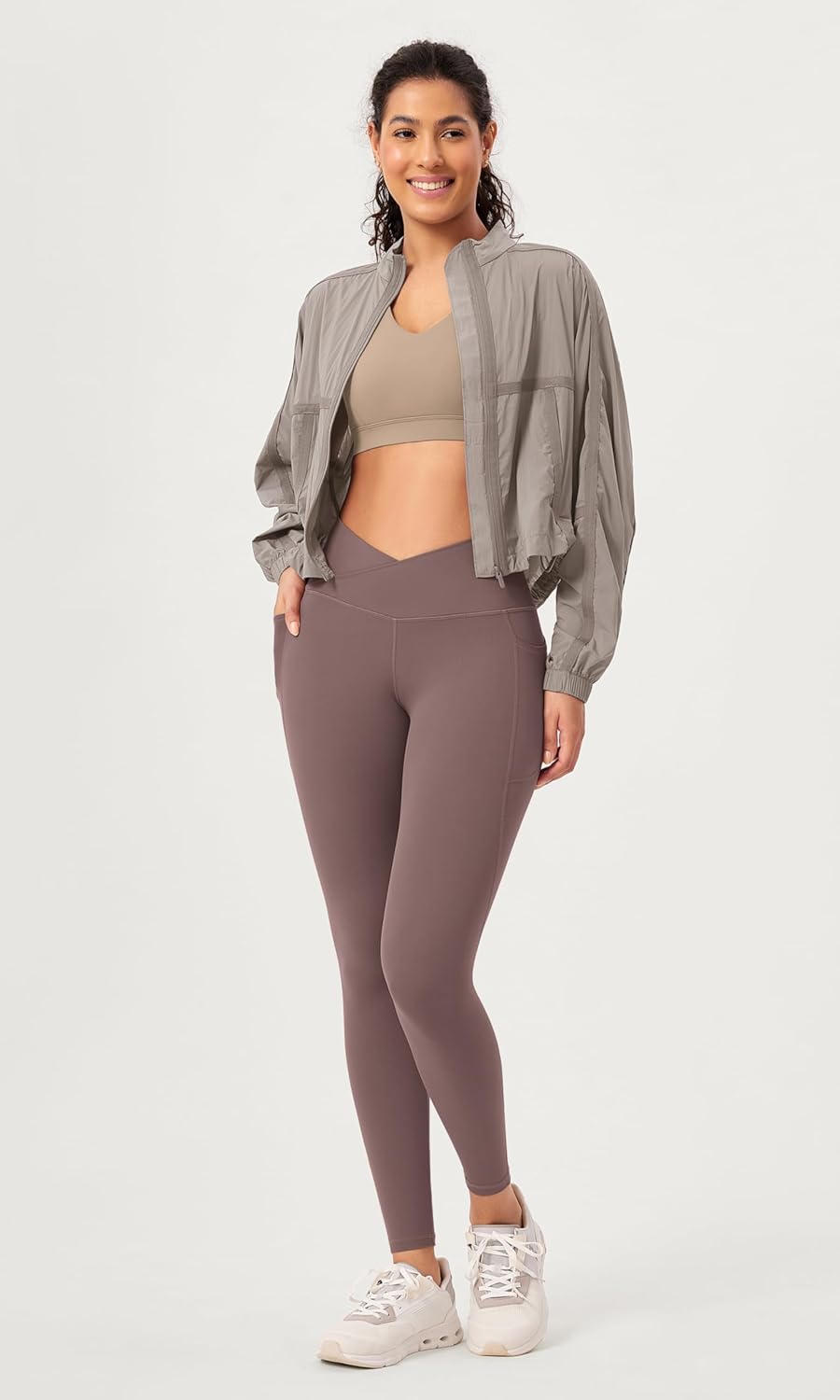 ODODOS 2 Pack Buttery Soft Cross Waist Leggings with Pockets for Women ODCLOUD 25quot  28quot Crossover Lounge Yoga PantsBlackpurple Taupe