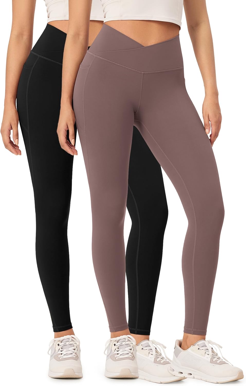 ODODOS 2 Pack Buttery Soft Cross Waist Leggings with Pockets for Women ODCLOUD 25quot  28quot Crossover Lounge Yoga PantsBlackpurple Taupe