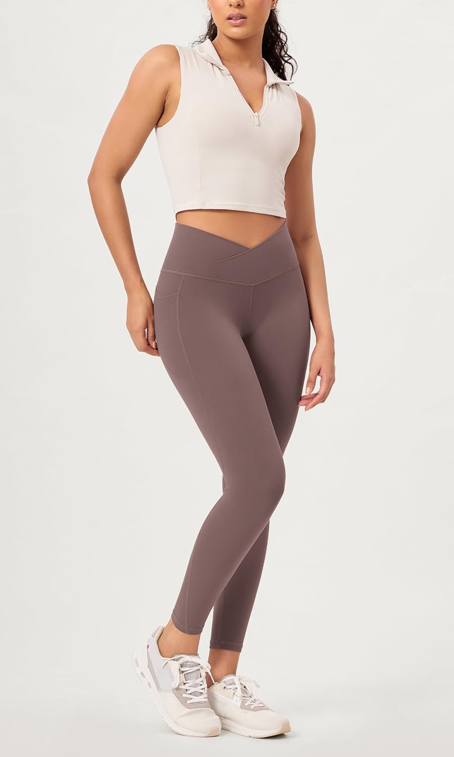 ODODOS 2 Pack Buttery Soft Cross Waist Leggings with Pockets for Women ODCLOUD 25quot  28quot Crossover Lounge Yoga PantsBlackpurple Taupe