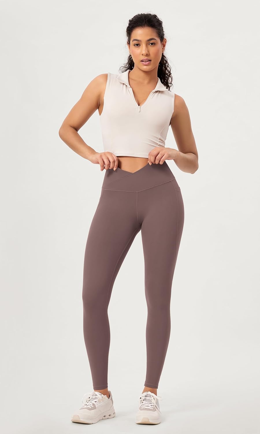 ODODOS 2 Pack Buttery Soft Cross Waist Leggings with Pockets for Women ODCLOUD 25quot  28quot Crossover Lounge Yoga PantsBlackpurple Taupe