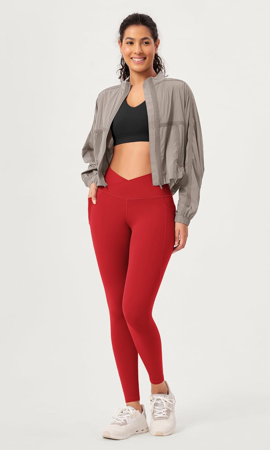 ODODOS 2 Pack Buttery Soft Cross Waist Leggings with Pockets for Women ODCLOUD 25quot  28quot Crossover Lounge Yoga PantsBlackred