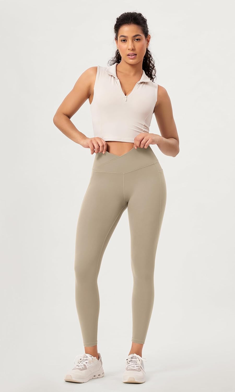 ODODOS 2 Pack Buttery Soft Cross Waist Leggings with Pockets for Women ODCLOUD 25quot  28quot Crossover Lounge Yoga PantsBlackshaker Beige