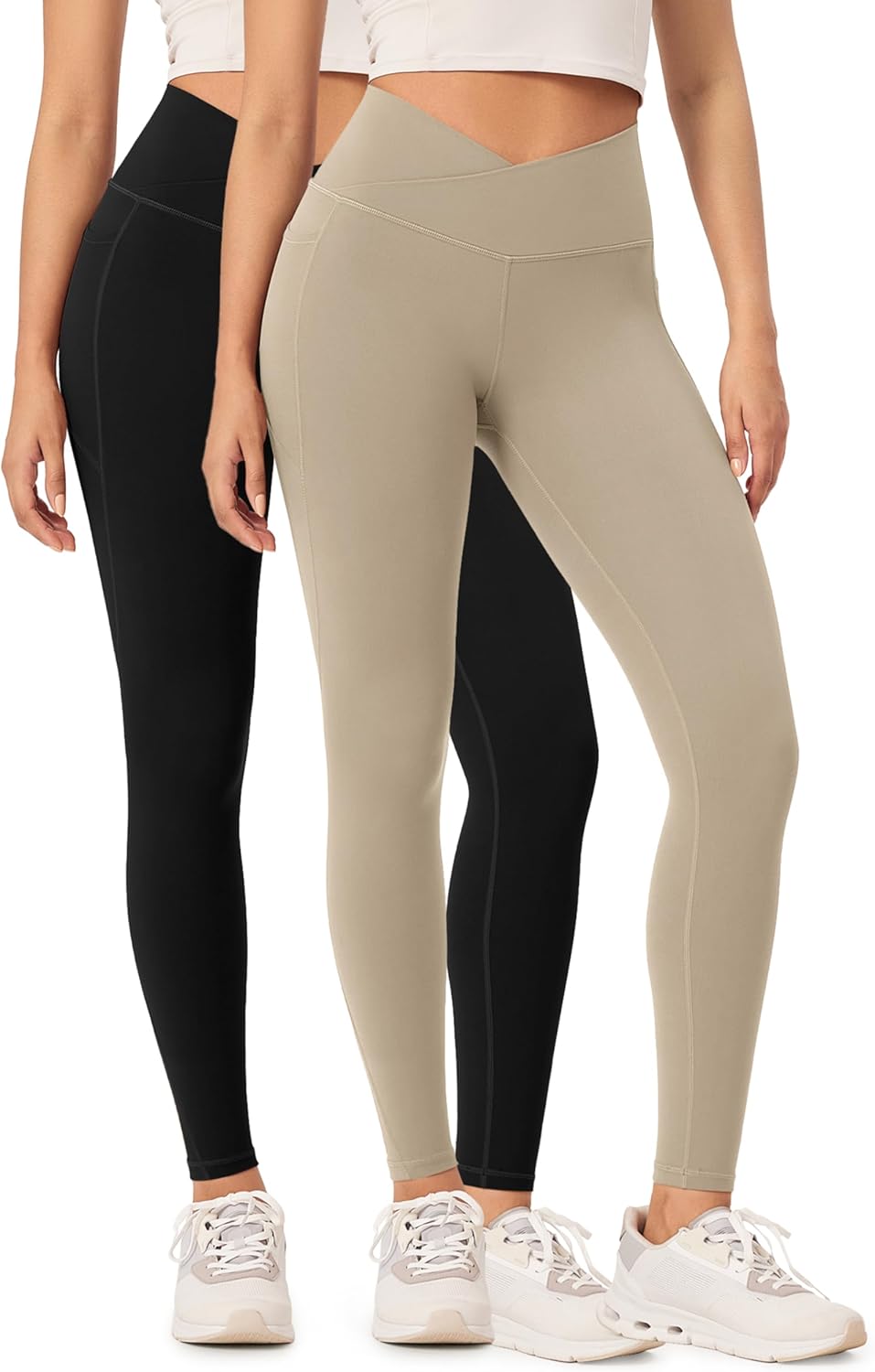 ODODOS 2 Pack Buttery Soft Cross Waist Leggings with Pockets for Women ODCLOUD 25quot  28quot Crossover Lounge Yoga PantsBlackshaker Beige