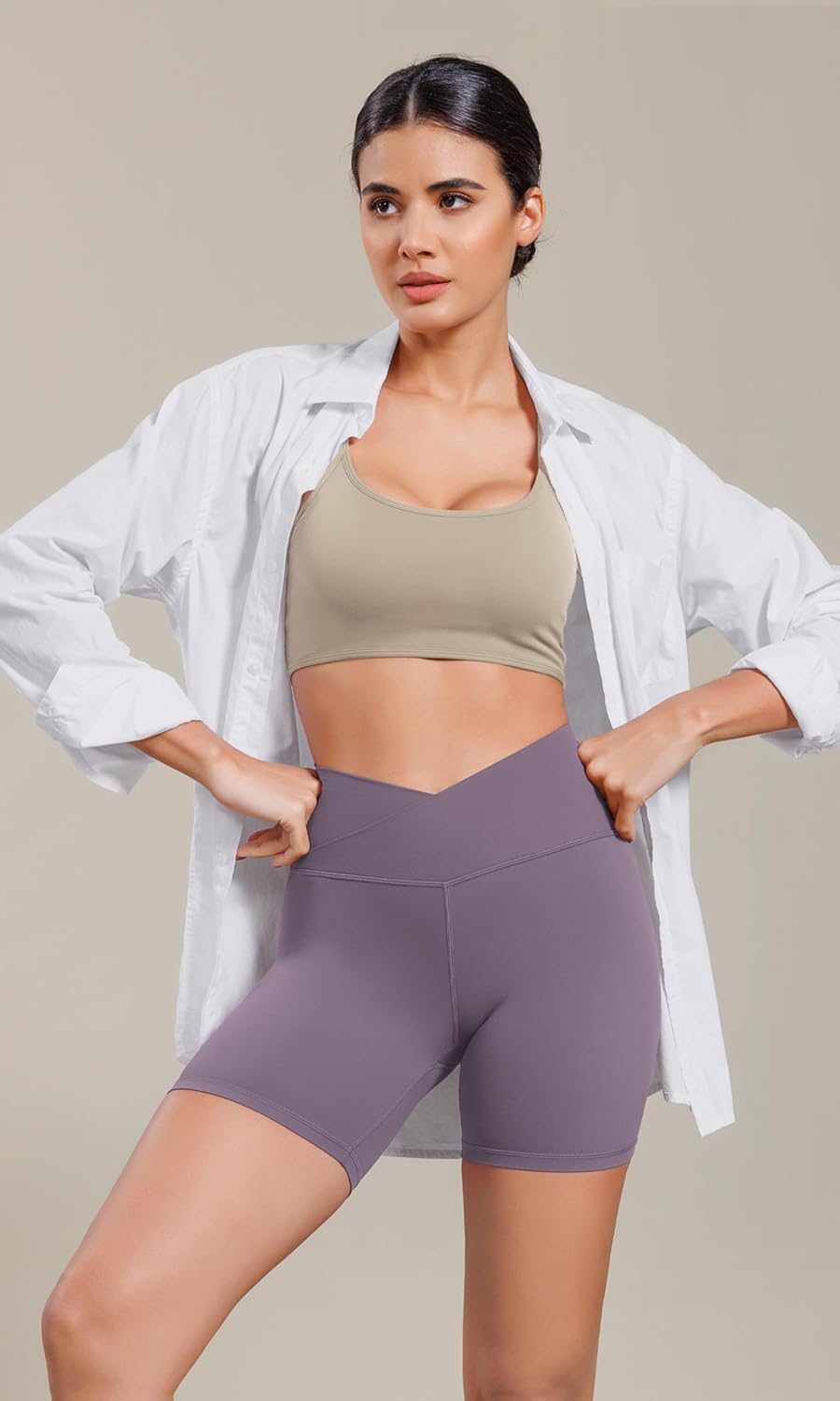 ODODOS Cloud Feeling Cross Waist Yoga Shorts for Women 6quot Crossover High Waist Lounge Biker ShortsAsh Violet